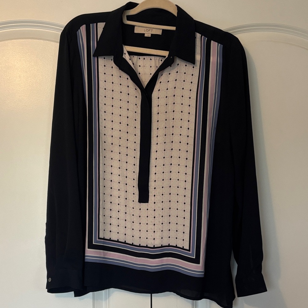 LOFT Navy blue Shirt with Cream Patterned Front and Subtle Pastel Stripes